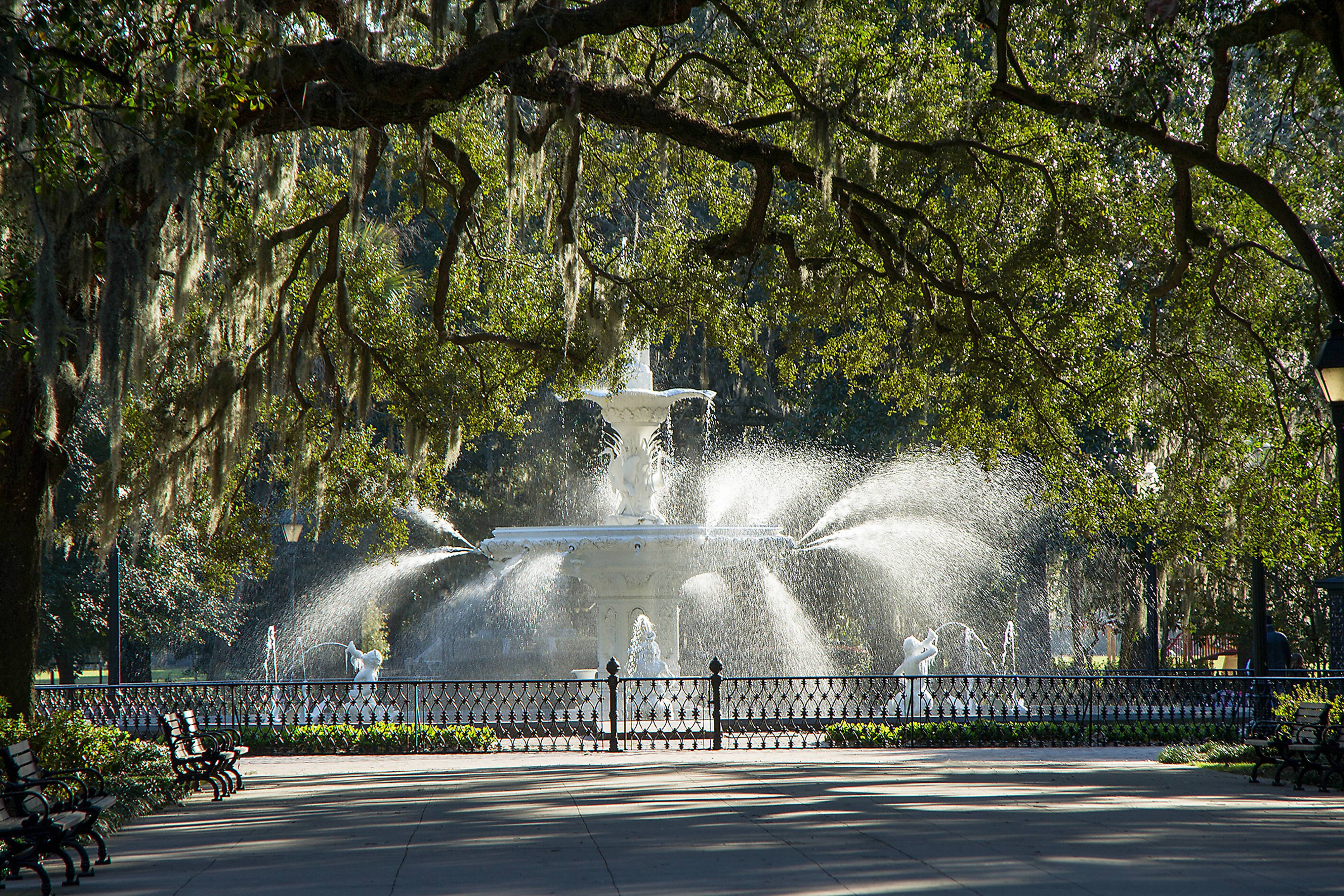 Ornate white multi-jet Forsyth Park Fountain surrounded by canopy of oak trees