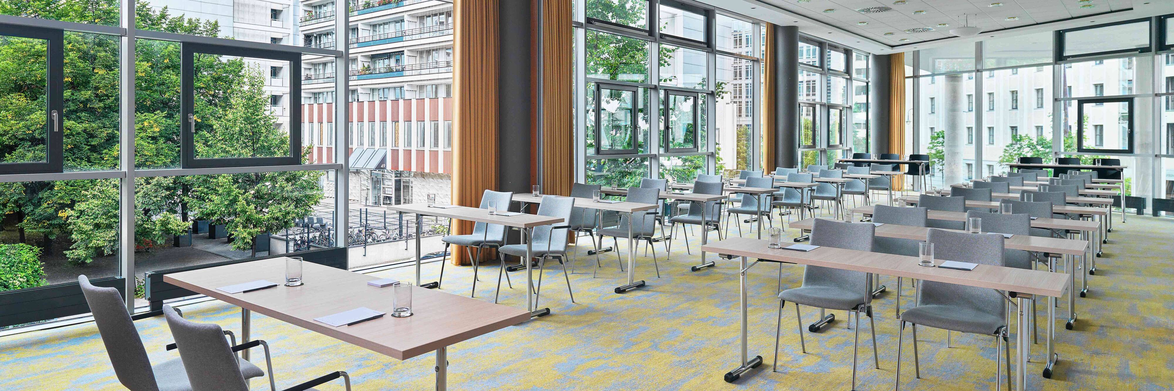 Meeting room with floor to ceiling windows