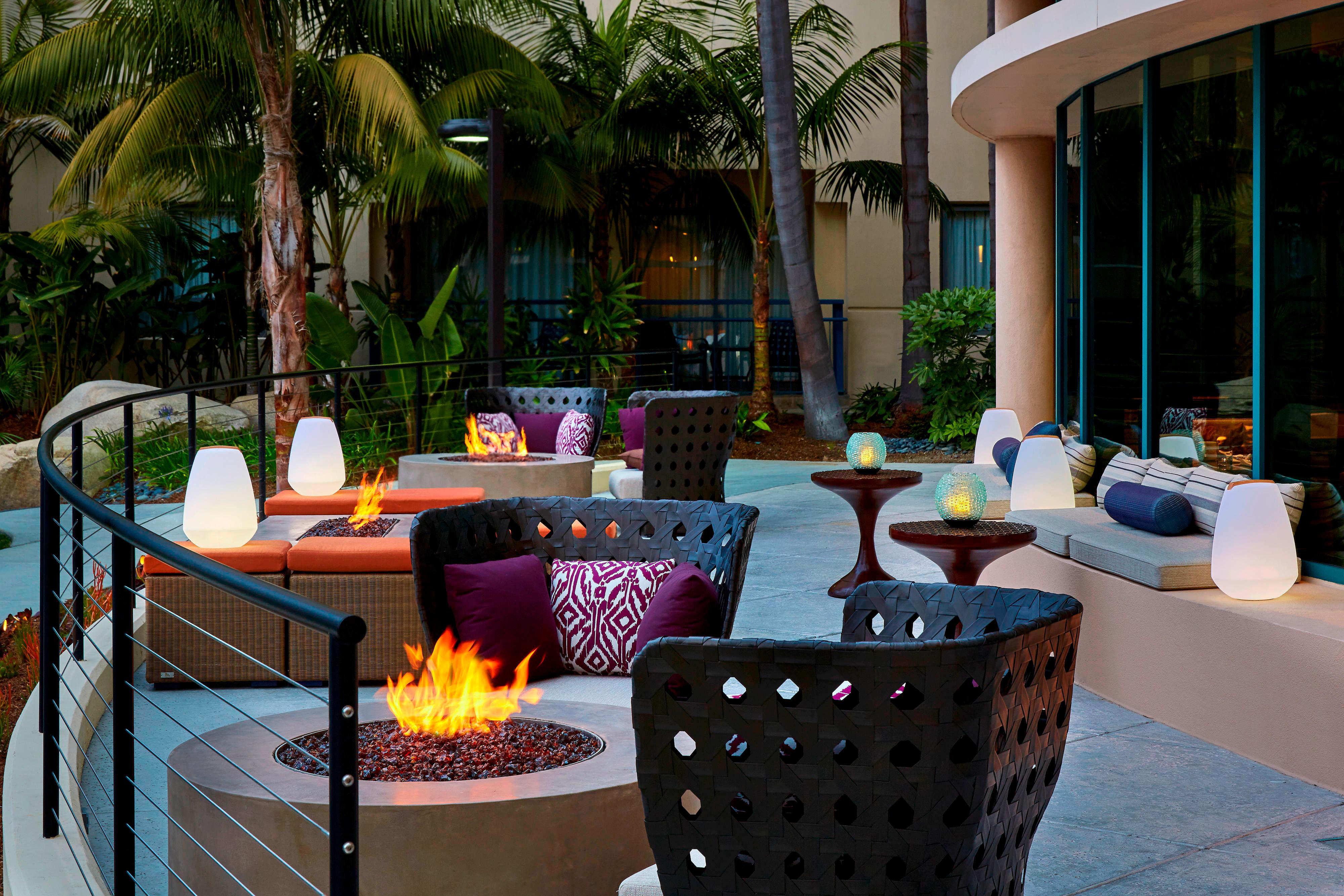 Outdoor terrace seating with firepit